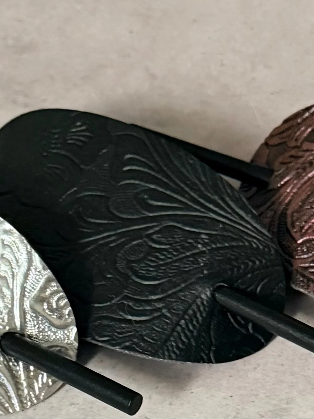 3 Embossed Oval Hair Slides Clip - Black , Pinkish, Silver Hair Accessories